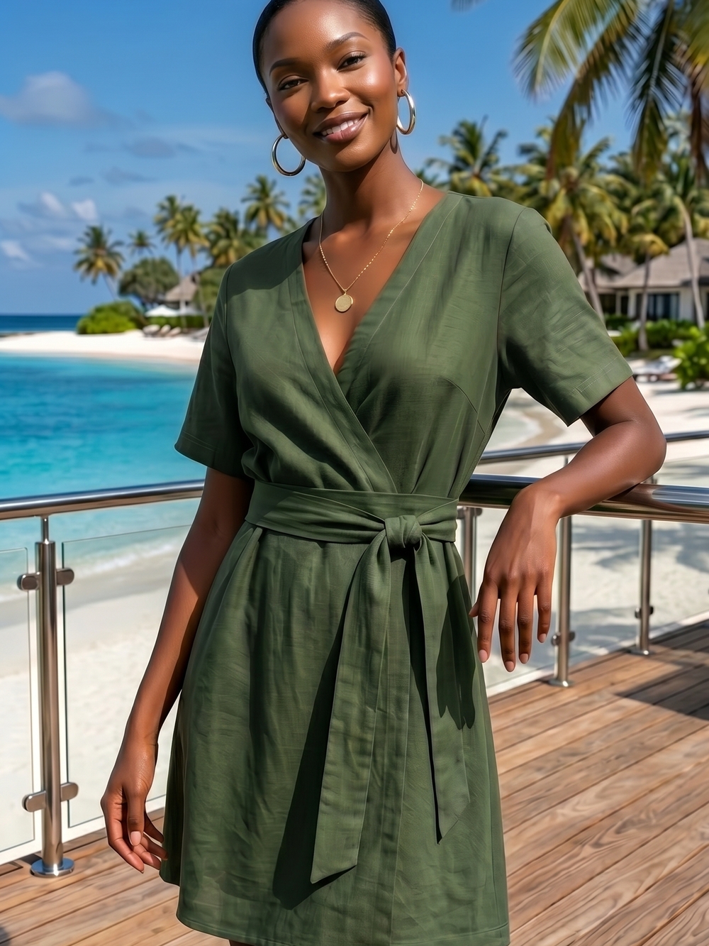 Tie-Waist Olive Green Mini 100% Lithuanian Linen Wrap Dress Size M Resort NWOT
